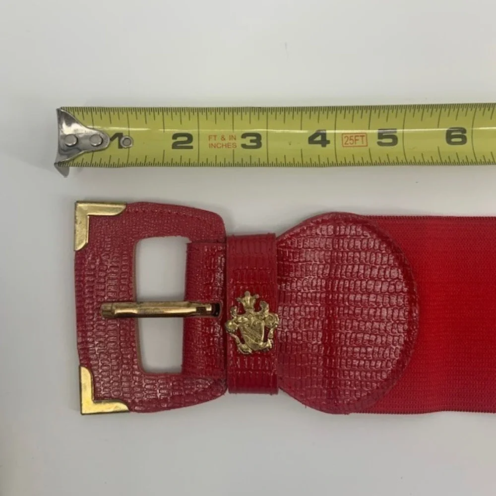 Retro 80s 90s Wide Stretch Statement Waist Belt Gold Crest Buckle Cinch Red